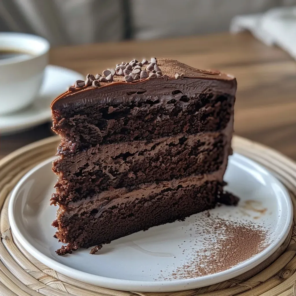 Close-up view of a decadent Chocolate Espresso Cake with glossy chocolate frosting.