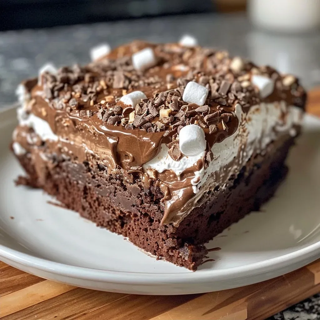 ['Close-up view of a moist Chocolate Marshmallow Protein Cake with a fluffy marshmallow topping.', 'Side angle of a decadent Chocolate Marshmallow Protein Cake, showcasing its rich chocolate layers.', 'Detailed image of a protein-packed Chocolate Marshmallow Cake with a shiny marshmallow layer on top.', 'Vibrant close-up of a Chocolate Marshmallow Protein Cake, highlighting its chocolatey texture and fluffy frosting.']