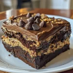 ['Close-up side view of a moist Chocolate Peanut Butter Earthquake Cake with a gooey texture.', 'A rich and decadent Chocolate Peanut Butter Earthquake Cake showing layers and melted chocolate.', 'Side angle of a Chocolate Peanut Butter Earthquake Cake showcasing its creamy frosting and chocolate chips.', 'Detailed view of a luscious Chocolate Peanut Butter Earthquake Cake highlighting its cracked top and peanut butter filling.']