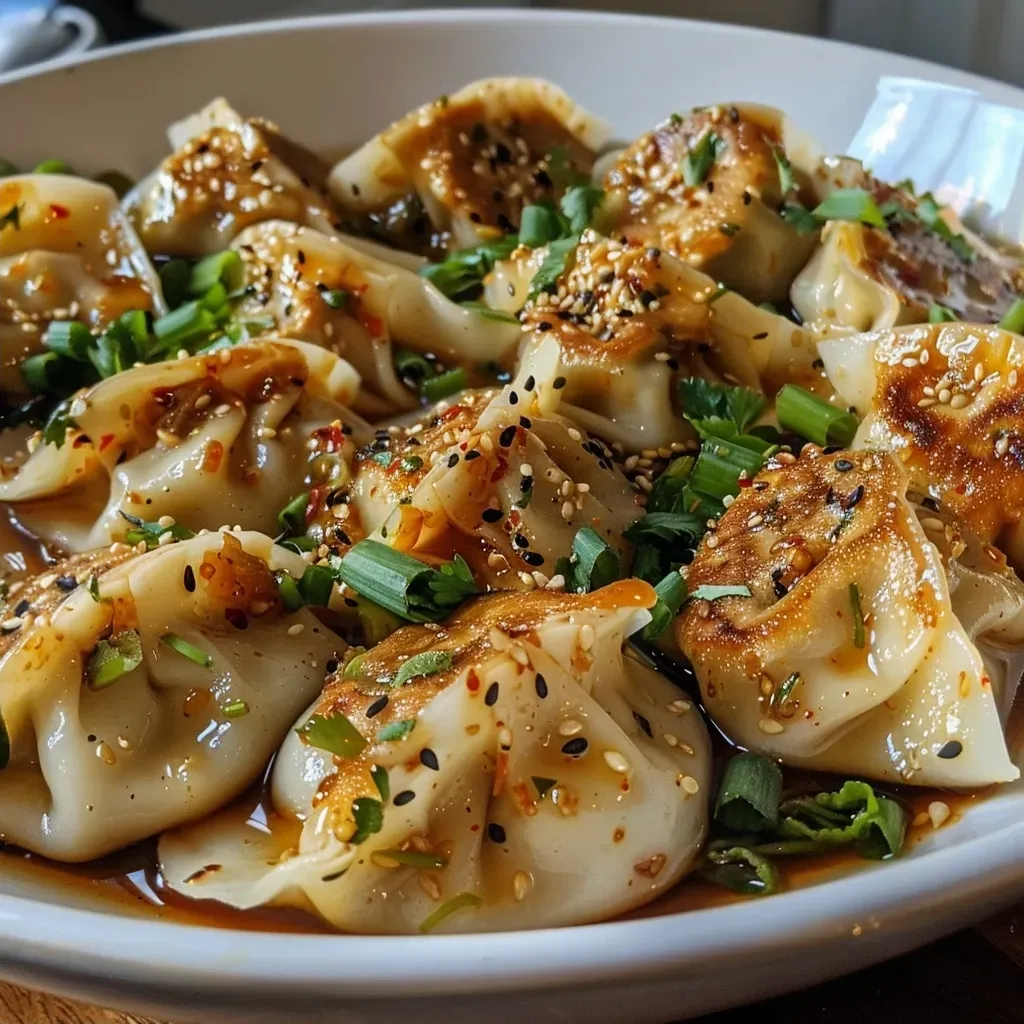 ['Close-up view of golden-brown Cilantro Ginger Chicken Wontons on a plate.', 'Side view of juicy Cilantro Ginger Chicken Wontons garnished with cilantro.', 'Crispy wontons filled with ground chicken, cilantro, and ginger.', 'Appetizing Cilantro Ginger Chicken Wontons served with chili sauce.']