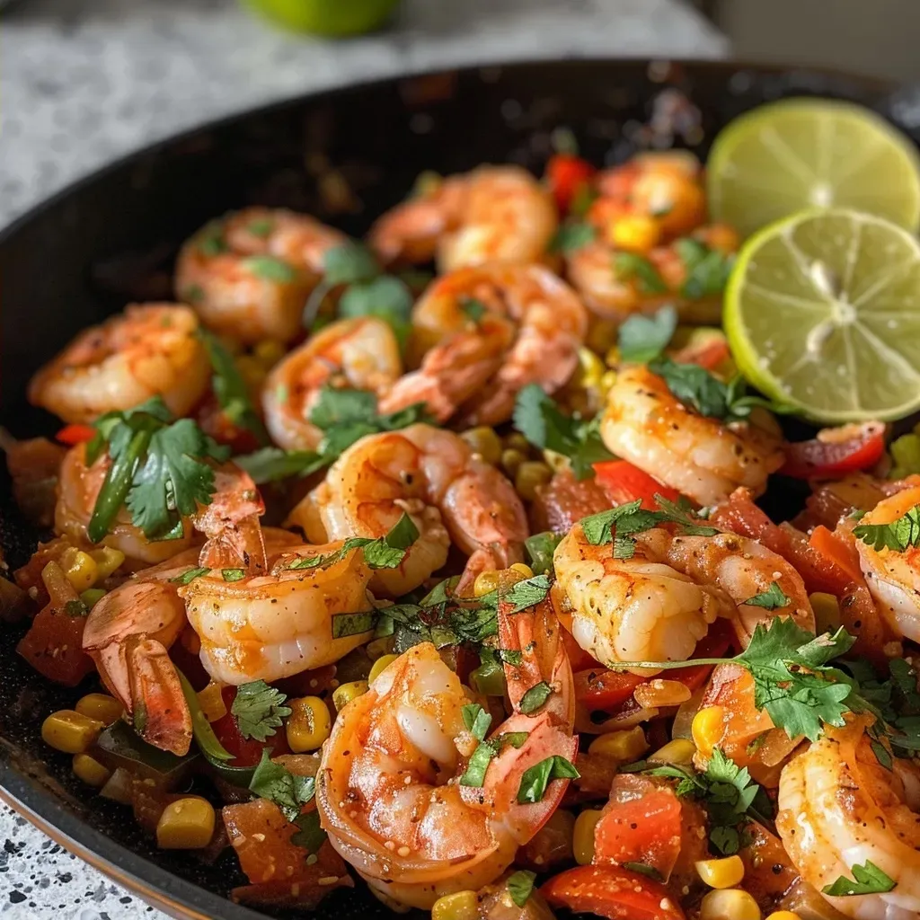 Close-up view of a skillet filled with colorful shrimp, corn, and herbs.