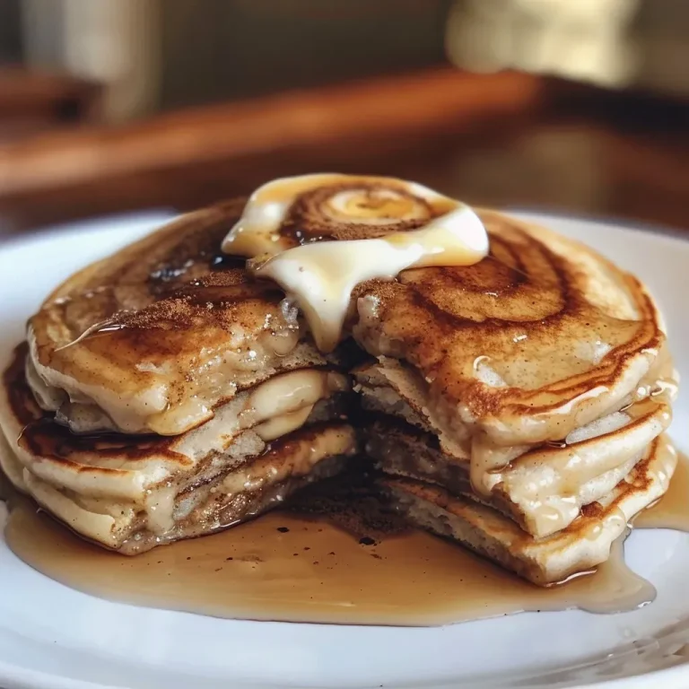 ['Close-up view of fluffy cinnamon roll pancakes topped with creamy icing.', 'Side angle of golden-brown cinnamon roll pancakes drizzled with sweet glaze.', 'Juicy cinnamon roll pancakes stacked high, with melted butter and icing on top.', 'Deliciously prepared cinnamon roll pancakes with a rich cream cheese topping.']