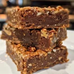 ['A side view close-up of Classic Fudge Nut Bars showcasing chocolate chips and nuts.', 'Detailed image of Classic Fudge Nut Bars with a rich chocolatey texture and pecans visible.', 'Side perspective of gooey Classic Fudge Nut Bars with a shiny chocolate layer and oats.', 'A tantalizing close-up of Classic Fudge Nut Bars featuring a mix of chocolate, oats, and nuts.']