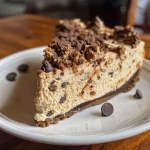 ['Close-up of a slice of Cookie Dough Protein Cheesecake, revealing its creamy texture and chocolate chip topping.', 'Side view photo of a delicious Cookie Dough Protein Cheesecake drizzled with chocolate chips and creamy filling.', 'Detailed view of Cookie Dough Protein Cheesecake showcasing its layers and smooth surface with chocolate chips.', 'A tempting slice of Cookie Dough Protein Cheesecake highlighting its rich texture and gourmet ingredients.']