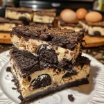 ['Close-up side view of Cookies and Cream Cheesecake Bars with a rich, creamy texture.', 'Delicious Cookies and Cream Cheesecake Bars displayed on a plate, showing layers and Oreo crust.', 'A slice of Cookies and Cream Cheesecake Bars, highlighting the dark cookie crumb base and creamy filling.', 'Side view of decadent Cookies and Cream Cheesecake Bars featuring a crumbly Oreo crust and creamy topping.']
