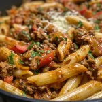 ['Close-up view of creamy Cajun beef pasta topped with grated Parmesan and chopped parsley.', 'A delicious serving of Cajun beef pasta in a rich creamy sauce, garnished with herbs.', 'Juicy penne pasta mixed with ground beef and colorful vegetables in a creamy Cajun sauce.', 'Side view of a bowl of creamy Cajun beef pasta, showcasing its texture and vibrant ingredients.']