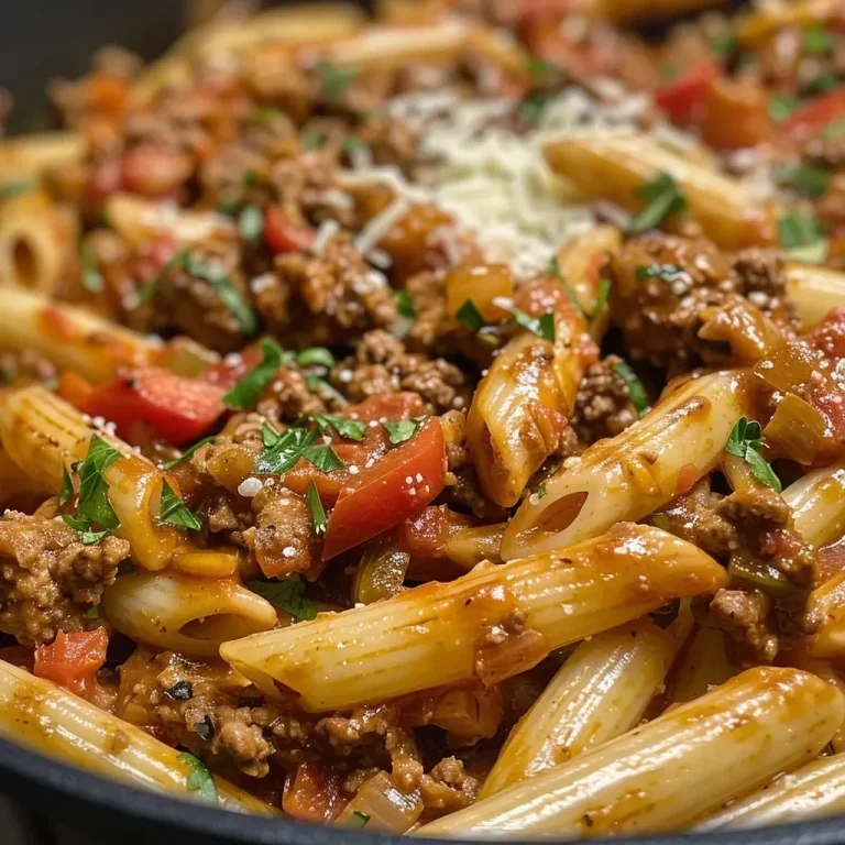 ['Close-up view of creamy Cajun beef pasta topped with grated Parmesan and chopped parsley.', 'A delicious serving of Cajun beef pasta in a rich creamy sauce, garnished with herbs.', 'Juicy penne pasta mixed with ground beef and colorful vegetables in a creamy Cajun sauce.', 'Side view of a bowl of creamy Cajun beef pasta, showcasing its texture and vibrant ingredients.']