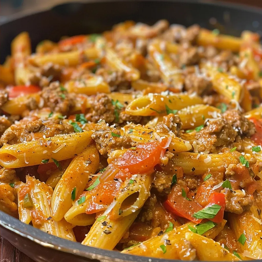 ['Close-up view of creamy Cajun beef pasta topped with grated Parmesan and chopped parsley.', 'A delicious serving of Cajun beef pasta in a rich creamy sauce, garnished with herbs.', 'Juicy penne pasta mixed with ground beef and colorful vegetables in a creamy Cajun sauce.', 'Side view of a bowl of creamy Cajun beef pasta, showcasing its texture and vibrant ingredients.']