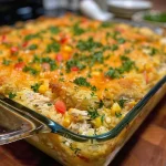 ['Close-up view of a creamy chicken and cornbread casserole with a golden top and colorful ingredients.', 'Juicy chicken and cornbread casserole showcased in a rustic dish, highlighting its creamy texture and cheesy topping.', 'Layered creamy chicken and cornbread casserole with visible chunks of chicken, corn, and bell peppers.', 'Side view of a hearty chicken and cornbread casserole, emphasizing its rich, creamy layers and vibrant colors.']
