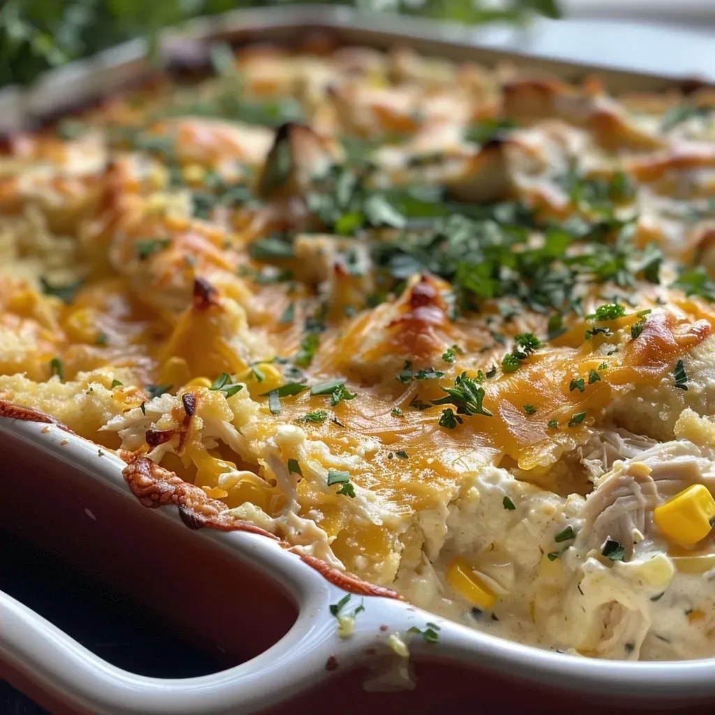 ['Close-up view of a creamy chicken and cornbread casserole with a golden top and colorful ingredients.', 'Juicy chicken and cornbread casserole showcased in a rustic dish, highlighting its creamy texture and cheesy topping.', 'Layered creamy chicken and cornbread casserole with visible chunks of chicken, corn, and bell peppers.', 'Side view of a hearty chicken and cornbread casserole, emphasizing its rich, creamy layers and vibrant colors.']