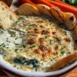 ['A creamy spinach dip in a rustic bowl surrounded by toasted baguette slices.', 'Close-up of creamy garlic Parmesan spinach dip with a sprinkle of fresh parsley.', 'Side view of a bowl of spinach dip with crackers and vegetable sticks for dipping.', 'A sumptuous spinach dip topped with Parmesan, ready for serving with toast and veggies.']
