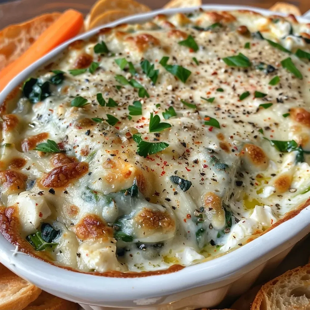 ['A creamy spinach dip in a rustic bowl surrounded by toasted baguette slices.', 'Close-up of creamy garlic Parmesan spinach dip with a sprinkle of fresh parsley.', 'Side view of a bowl of spinach dip with crackers and vegetable sticks for dipping.', 'A sumptuous spinach dip topped with Parmesan, ready for serving with toast and veggies.']