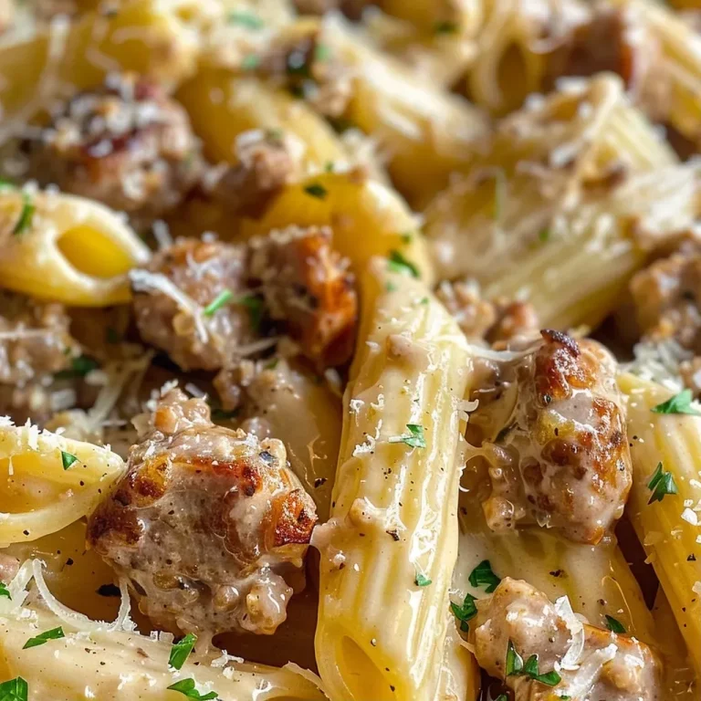 ['Close-up view of creamy honey garlic sausage pasta with herbs on top.', 'Side angle of a delicious creamy pasta dish with sausage and garlic.', 'Creamy pasta with Italian sausage and a glossy honey garlic sauce.', 'Hearty bowl of sausage pasta glistening with honey garlic sauce.']