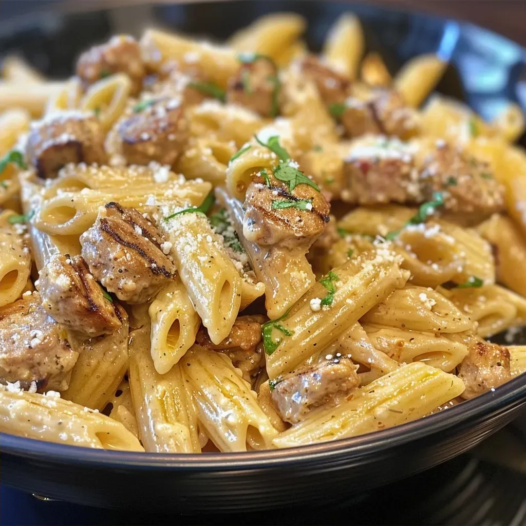 ['Close-up view of creamy honey garlic sausage pasta with herbs on top.', 'Side angle of a delicious creamy pasta dish with sausage and garlic.', 'Creamy pasta with Italian sausage and a glossy honey garlic sauce.', 'Hearty bowl of sausage pasta glistening with honey garlic sauce.']