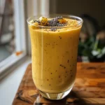 ['A close-up view of a creamy mango and pineapple smoothie in a glass, garnished with fruit.', 'A vibrant smoothie made with mango, pineapple, and cottage cheese, set on a wooden table.', 'A refreshing smoothie displaying a rich, creamy texture, topped with chia seeds and tropical fruits.', 'A beautifully styled mango and pineapple smoothie next to fresh fruit, showcasing its creamy consistency.']