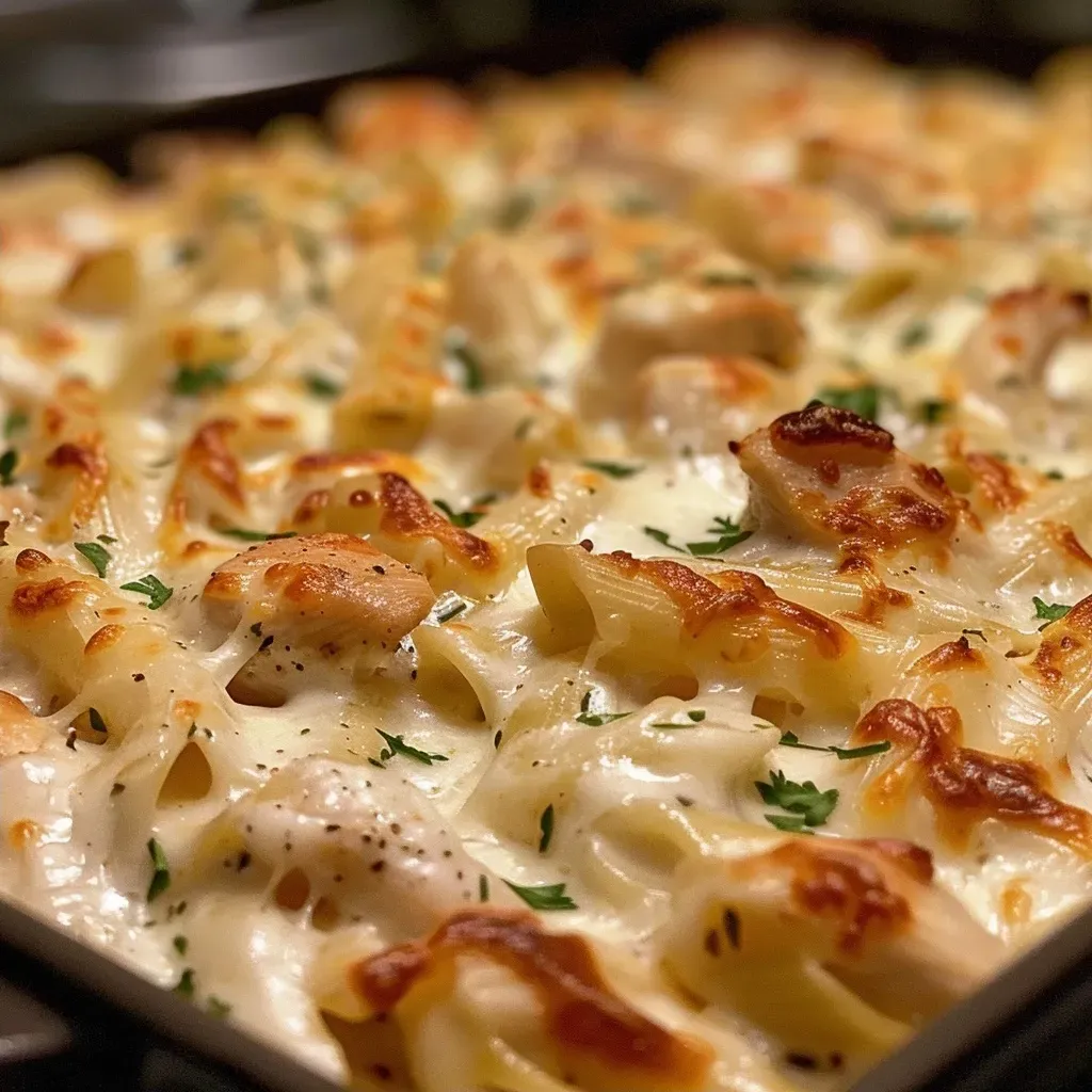A close-up view of a creamy Roasted Garlic Chicken Alfredo Bake in a ceramic dish.