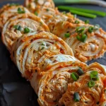 ['Close-up view of crispy buffalo garlic chicken pinwheels arranged on a plate.', 'Side view of juicy chicken pinwheels filled with buffalo sauce and cream cheese.', 'Delicious crispy chicken pinwheels garnished with green onions on a vibrant backdrop.', 'Appetizing display of buffalo chicken pinwheels showcasing their creamy filling.']