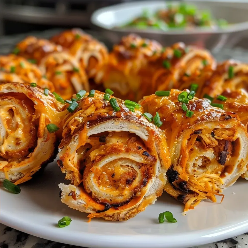['Close-up view of crispy buffalo garlic chicken pinwheels arranged on a plate.', 'Side view of juicy chicken pinwheels filled with buffalo sauce and cream cheese.', 'Delicious crispy chicken pinwheels garnished with green onions on a vibrant backdrop.', 'Appetizing display of buffalo chicken pinwheels showcasing their creamy filling.']