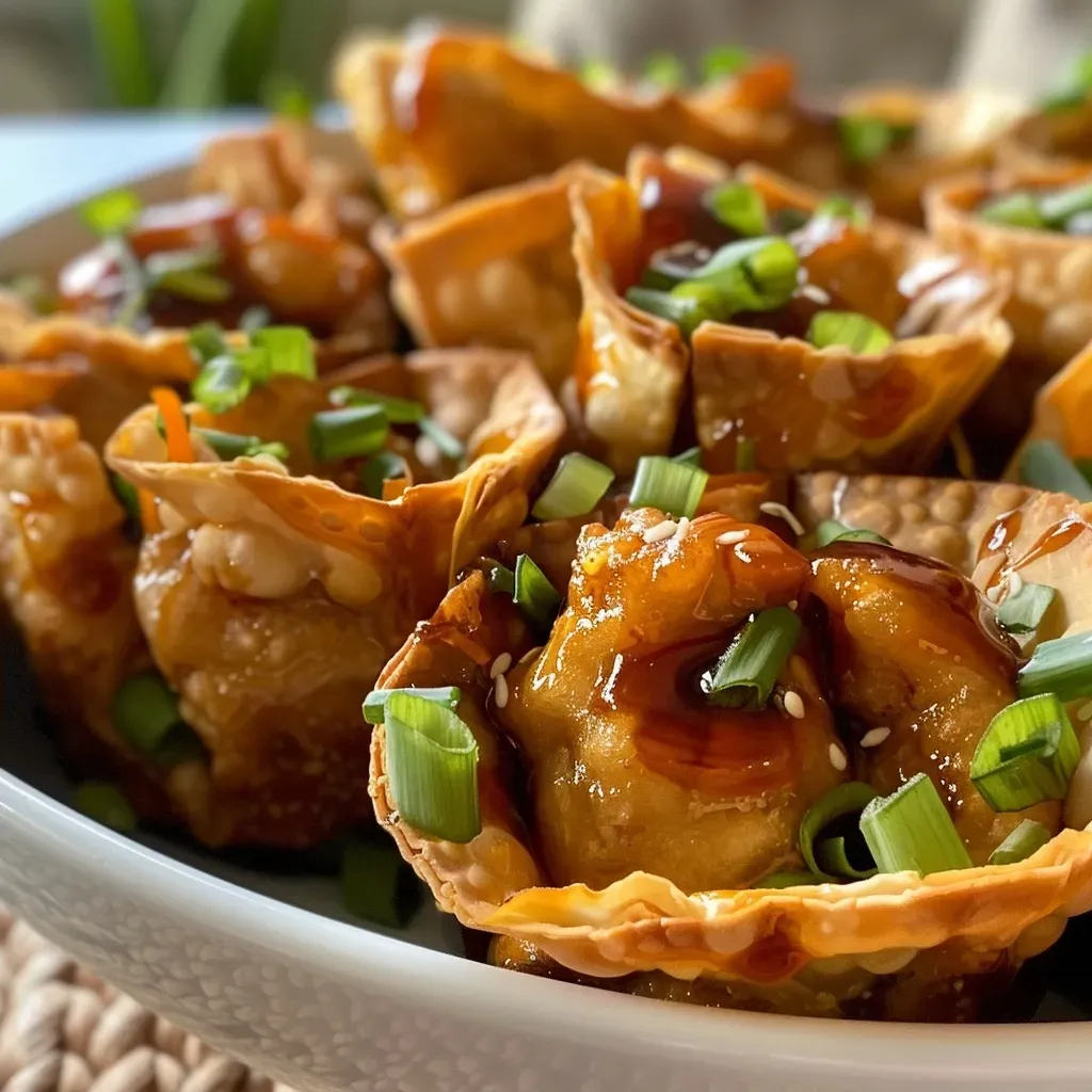 ['Close-up view of crispy chicken wonton cups with green onion garnish.', 'Side view of deliciously filled crispy wonton cups topped with sweet chili sauce.', 'Juicy chicken-filled wonton cups displayed on a plate, showcasing their golden crispiness.', 'Appetizing close-up of chicken wonton cups with vibrant green onions and a dipping sauce.']