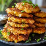 ['Close-up view of crispy corn fritters topped with a creamy sauce.', 'Side view of golden-brown corn fritters with green onions and parsley garnish.', 'Juicy corn fritters on a plate, showing a crispy exterior and dipping sauce.', 'Deliciously fried corn fritters served with a tangy yogurt-based sauce.']