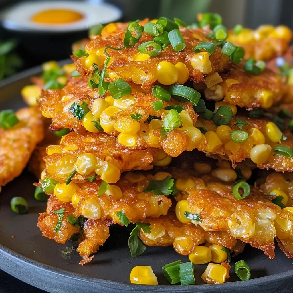 ['Close-up view of crispy corn fritters topped with a creamy sauce.', 'Side view of golden-brown corn fritters with green onions and parsley garnish.', 'Juicy corn fritters on a plate, showing a crispy exterior and dipping sauce.', 'Deliciously fried corn fritters served with a tangy yogurt-based sauce.']
