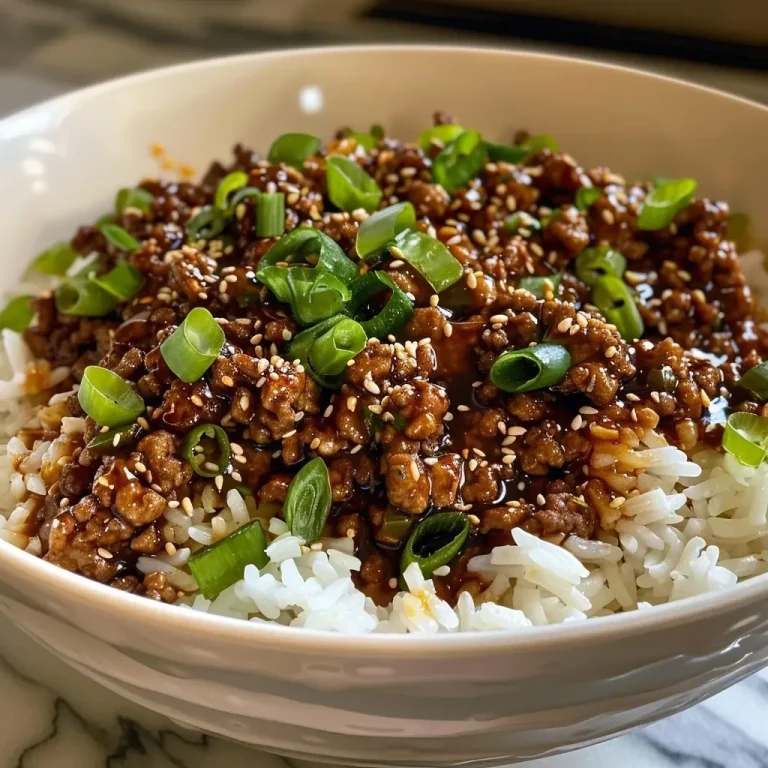 ['A close-up view of a Crispy Honey Garlic Ground Beef Rice Bowl, showcasing juicy beef and garnishes.', 'Side view of a hearty rice bowl filled with ground beef, garlic, honey, and green onions.', 'A vibrant bowl of ground beef with sauce and rice, topped with sliced green onions, photographed closely.', 'An appetizing dish featuring crispy ground beef and rice, garnished with green onions and herbs.']