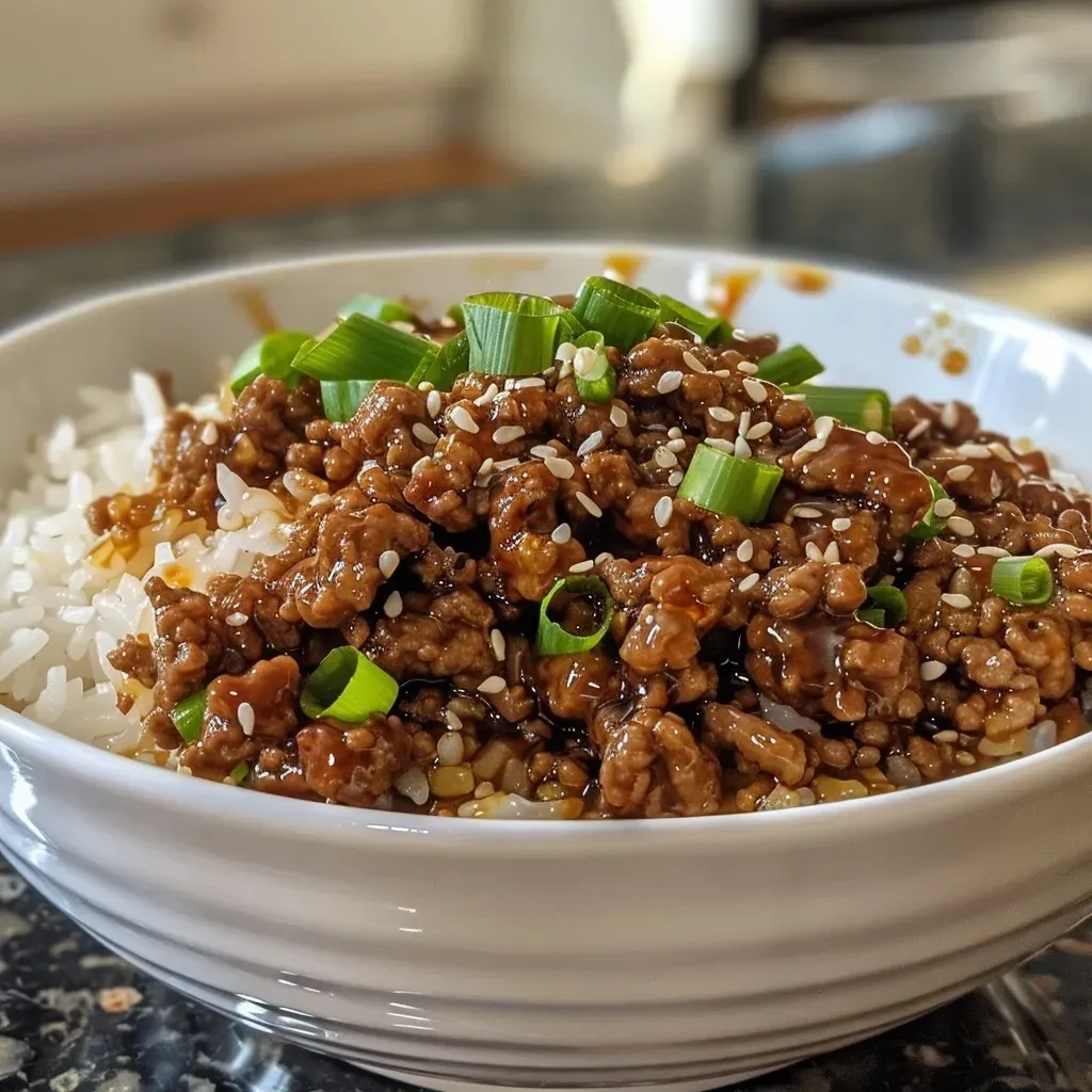 ['A close-up view of a Crispy Honey Garlic Ground Beef Rice Bowl, showcasing juicy beef and garnishes.', 'Side view of a hearty rice bowl filled with ground beef, garlic, honey, and green onions.', 'A vibrant bowl of ground beef with sauce and rice, topped with sliced green onions, photographed closely.', 'An appetizing dish featuring crispy ground beef and rice, garnished with green onions and herbs.']