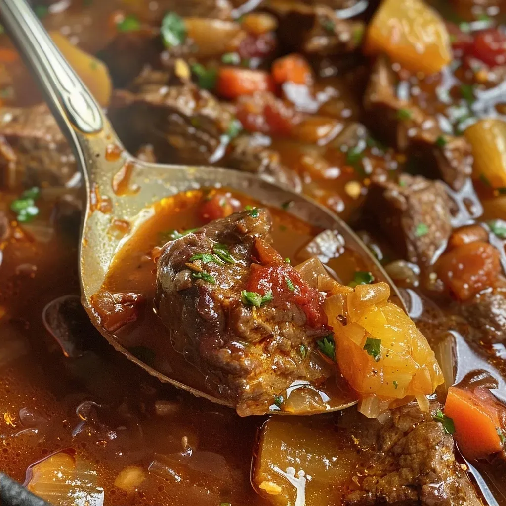 ['Close-up view of a bowl of Crockpot Hungarian Goulash with chunks of beef and seasonings.', 'Side view of a hearty serving of Hungarian Goulash in a rustic bowl, showcasing its rich texture.', 'Detailed image of delicious Crockpot Hungarian Goulash featuring tender meat and vibrant sauce.', 'Mouthwatering close-up of Hungarian Goulash with beef cubes and a glossy sauce, served in a deep dish.']