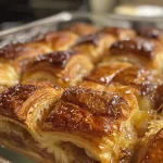 ['Close-up of golden-brown croissant bread pudding with a glossy surface.', 'Side view of a delicious croissant bread pudding, showcasing its fluffy texture.', 'A detailed shot of croissant bread pudding, highlighting raisins and caramelization.', 'Close-up image of croissant bread pudding with a rich sauce glistening on top.']