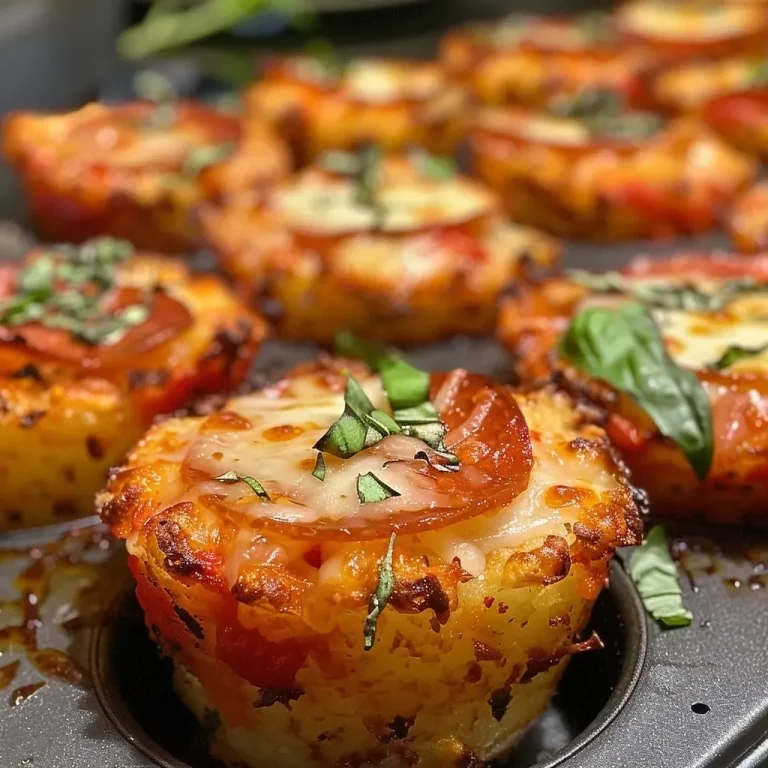 ['Close-up of Crunchy Pizza Potato Cups topped with pepperoni and fresh basil.', 'Side view of delicious Crunchy Pizza Potato Cups with melted cheese and sauce.', 'Juicy Crunchy Pizza Potato Cups arranged in a muffin tray with Italian seasoning.', 'Tasty Crunchy Pizza Potato Cups showcasing a golden exterior with pizza toppings.']