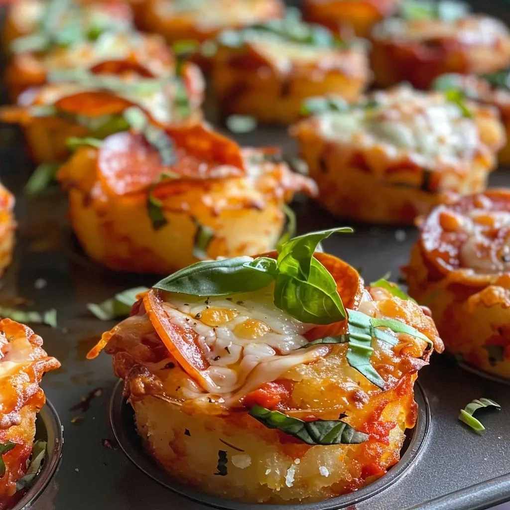 ['Close-up of Crunchy Pizza Potato Cups topped with pepperoni and fresh basil.', 'Side view of delicious Crunchy Pizza Potato Cups with melted cheese and sauce.', 'Juicy Crunchy Pizza Potato Cups arranged in a muffin tray with Italian seasoning.', 'Tasty Crunchy Pizza Potato Cups showcasing a golden exterior with pizza toppings.']