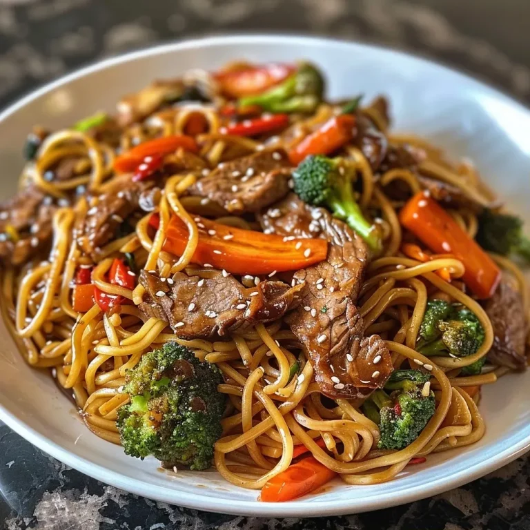 ['Close-up of Easy Beef Lo Mein meal prep with colorful vegetables and noodles.', 'Side view of a container filled with Beef Lo Mein, showcasing tender beef and vibrant broccoli.', 'Juicy Beef Lo Mein in a meal prep container, highlighting noodles and fresh ingredients.', 'Delicious Easy Beef Lo Mein displayed with carrots and broccoli in a glass prep dish.']
