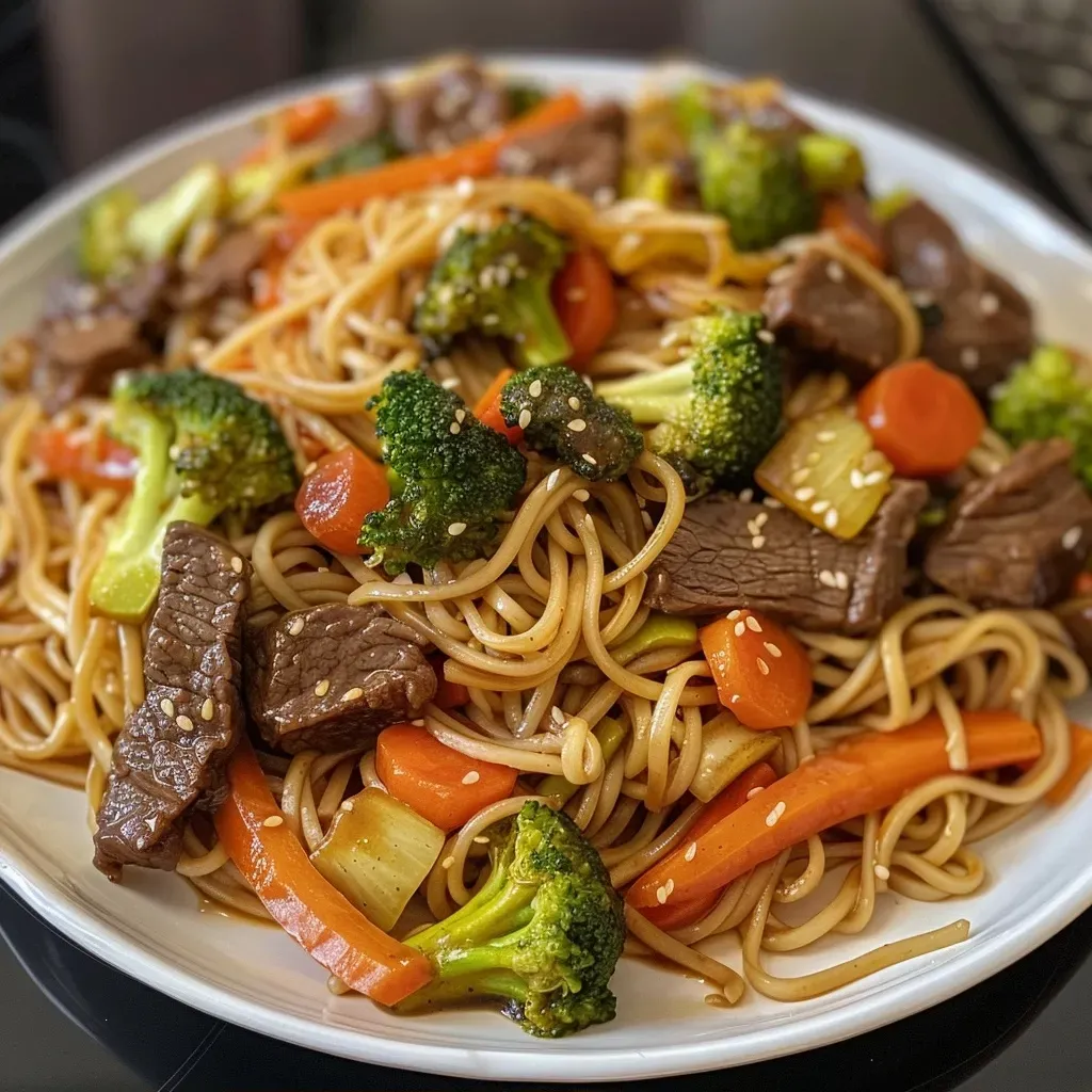 ['Close-up of Easy Beef Lo Mein meal prep with colorful vegetables and noodles.', 'Side view of a container filled with Beef Lo Mein, showcasing tender beef and vibrant broccoli.', 'Juicy Beef Lo Mein in a meal prep container, highlighting noodles and fresh ingredients.', 'Delicious Easy Beef Lo Mein displayed with carrots and broccoli in a glass prep dish.']