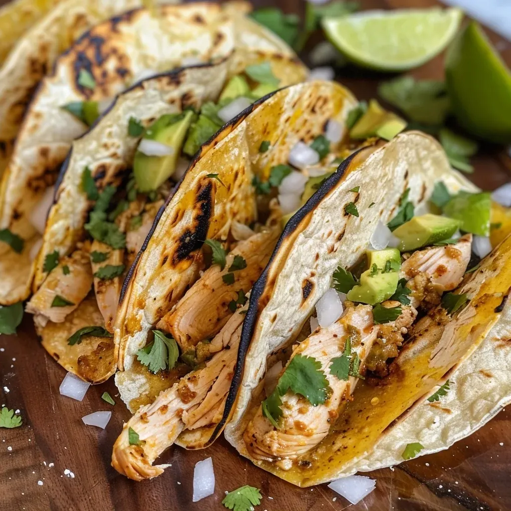 ['Close-up view of juicy chicken street tacos topped with onions and cilantro.', 'Side view of delicious chicken tacos garnished with lime wedges and cotija cheese.', 'Colorful presentation of chicken street tacos with fresh ingredients and vibrant toppings.', 'Tasty chicken tacos served on a plate with lime, cilantro, and salsa verde.']