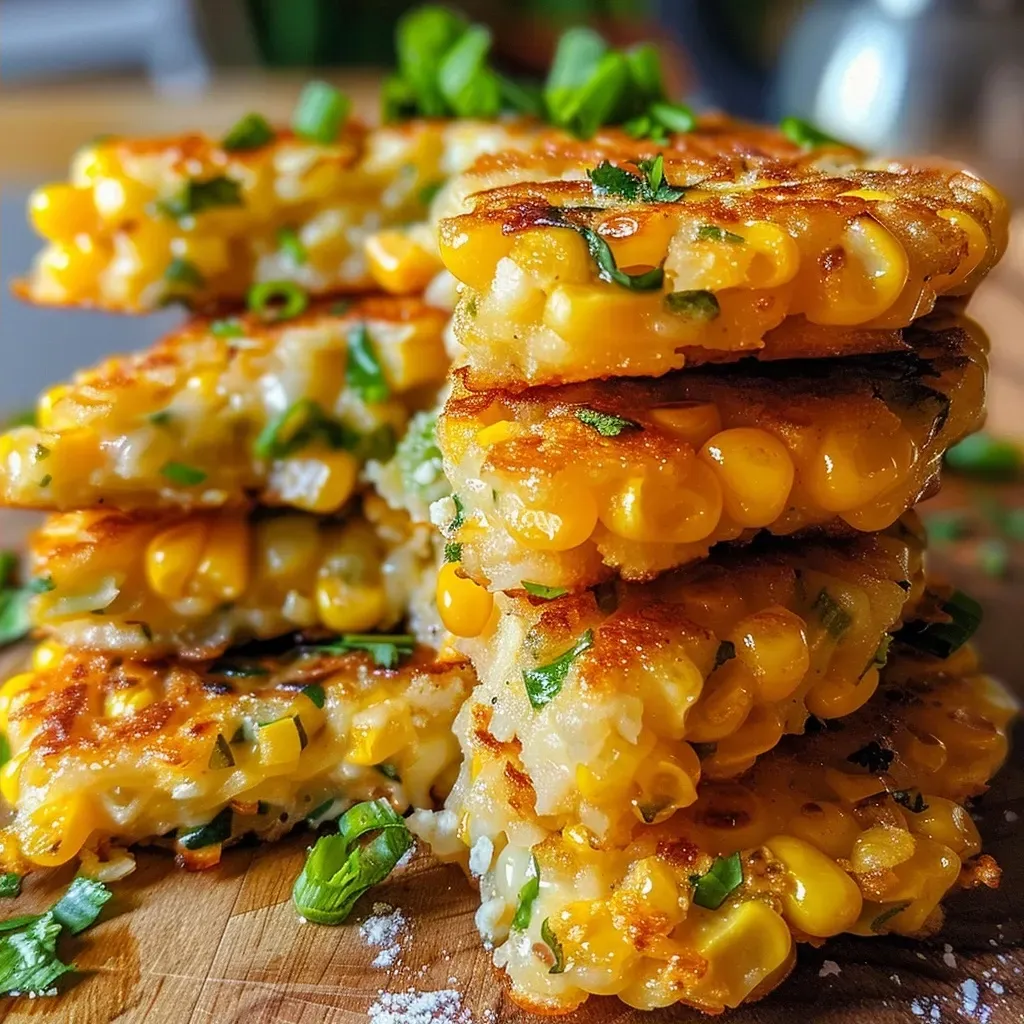 ['Close-up view of golden corn fritters on a plate.', 'Side view of crispy eggless corn fritters, showcasing texture.', 'Juicy corn fritters with a sprinkle of cheese, ready to eat.', 'Plump corn fritters drizzled with oil, set against a neutral background.']
