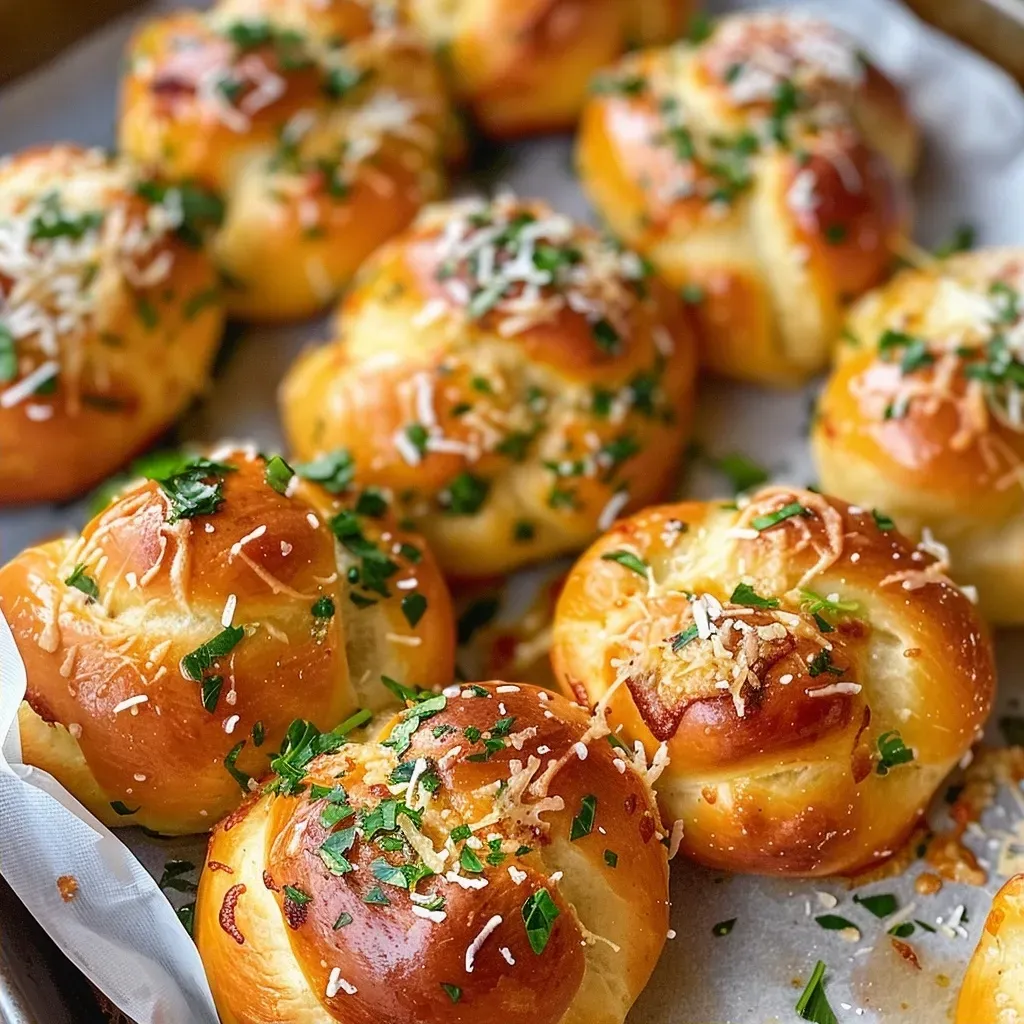 ['Juicy garlic parmesan knots glistening with melted butter and herbs.', 'Freshly baked garlic knots sprinkled with parmesan and parsley.', 'Close-up of delicious garlic knots, golden brown and rich in flavor.', 'Savory garlic parmesan rolls with a buttery glaze and a sprinkle of cheese.']