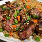 ['Close-up view of Easy Steak Fried Rice with colorful vegetables and diced steak.', 'Side view of a bowl of Easy Steak Fried Rice featuring bright carrots and green peas.', 'Juicy steak fried rice dish with vibrant colors, highlighting diced onions and garlic.', 'Delicious Easy Steak Fried Rice showcasing seasoned steak and mixed vegetables.']