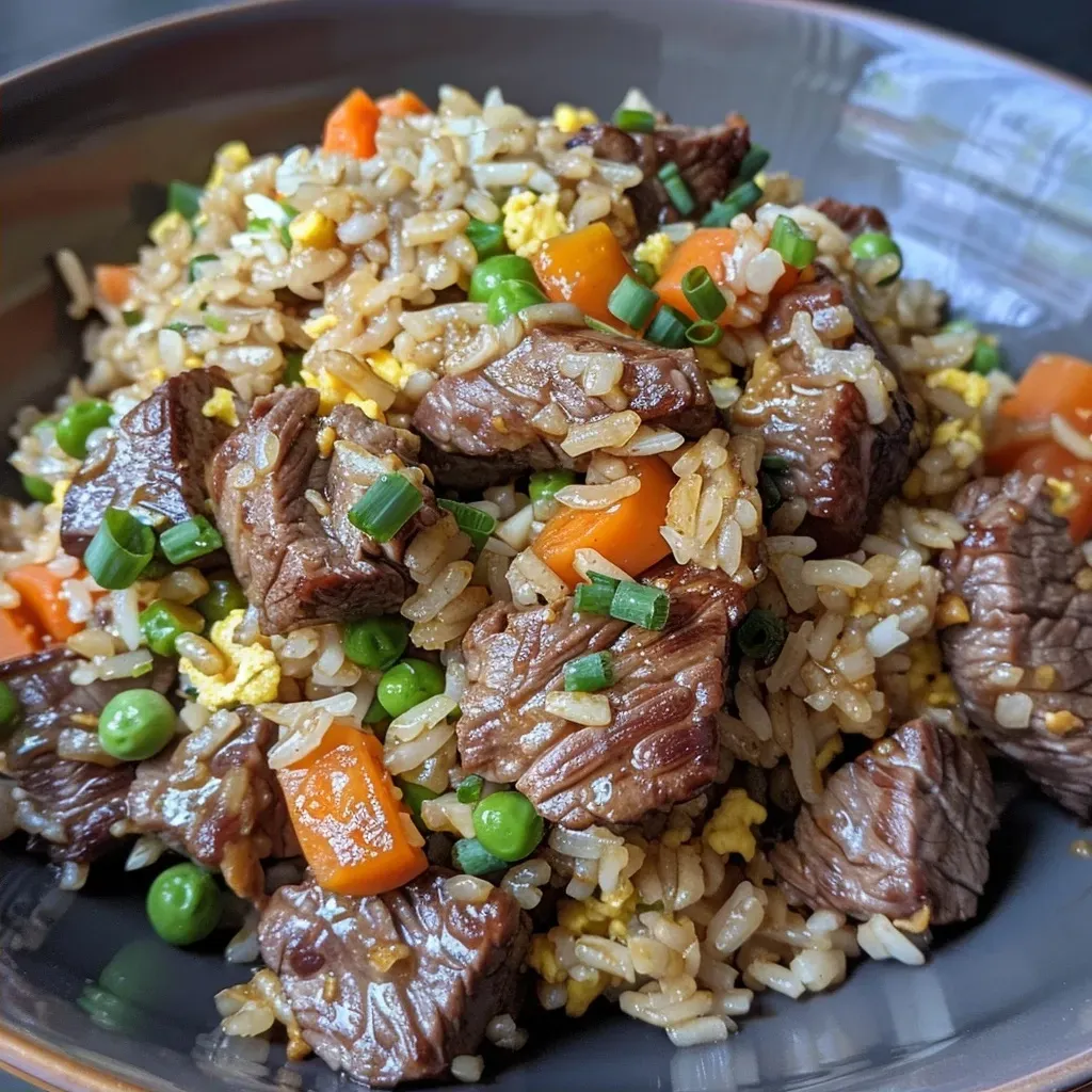 ['Close-up view of Easy Steak Fried Rice with colorful vegetables and diced steak.', 'Side view of a bowl of Easy Steak Fried Rice featuring bright carrots and green peas.', 'Juicy steak fried rice dish with vibrant colors, highlighting diced onions and garlic.', 'Delicious Easy Steak Fried Rice showcasing seasoned steak and mixed vegetables.']