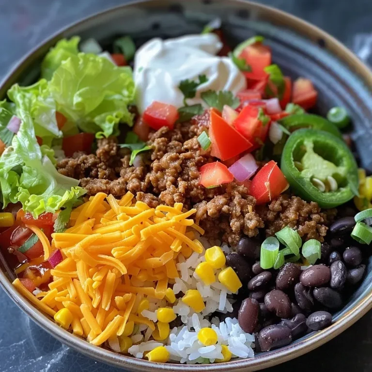 ['Close-up of a beef taco bowl topped with colorful ingredients.', 'Side view of a delicious beef taco bowl filled with rice and toppings.', 'Juicy Easy Weeknight Beef Taco Bowl showcasing ground beef, cheese, and veggies.', 'Fresh and vibrant beef taco bowl with layers of toppings and rice.']