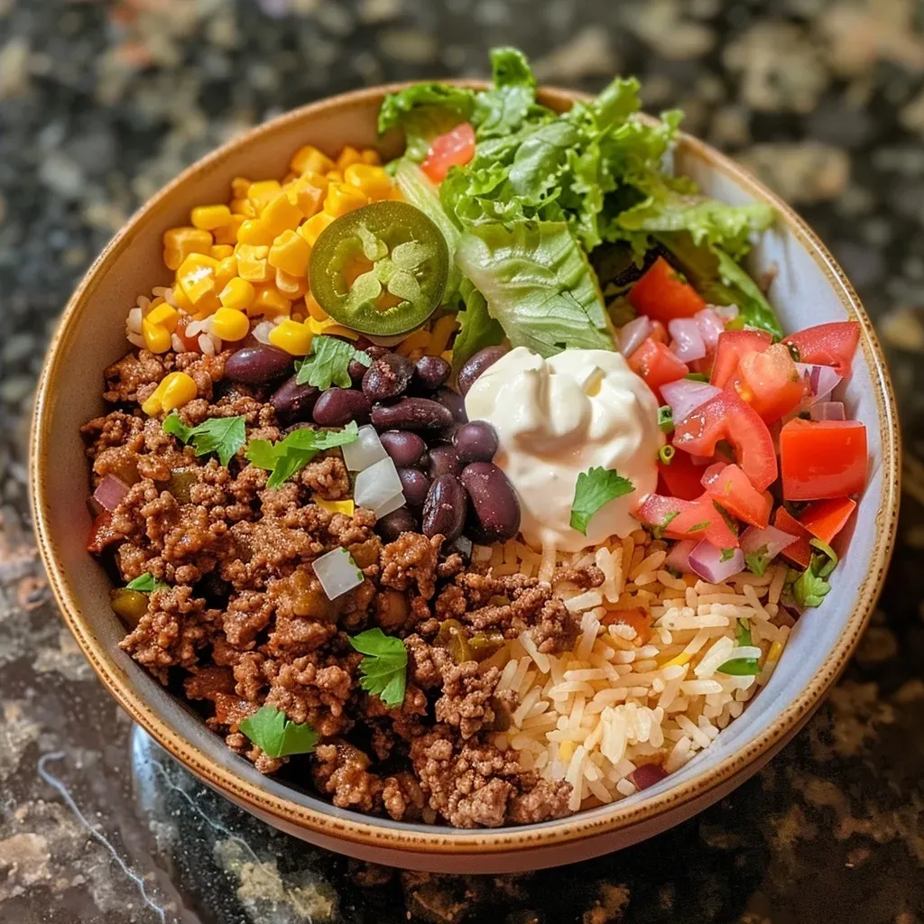 ['Close-up of a beef taco bowl topped with colorful ingredients.', 'Side view of a delicious beef taco bowl filled with rice and toppings.', 'Juicy Easy Weeknight Beef Taco Bowl showcasing ground beef, cheese, and veggies.', 'Fresh and vibrant beef taco bowl with layers of toppings and rice.']