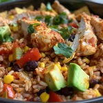 ['Close-up of juicy Fiesta Chicken with colorful vegetables.', 'Side view of Fiesta Chicken featuring chicken thighs and bell peppers.', 'Vibrant Fiesta Chicken dish displayed with rice and toppings.', 'Delicious Fiesta Chicken with a mix of black beans and corn.']