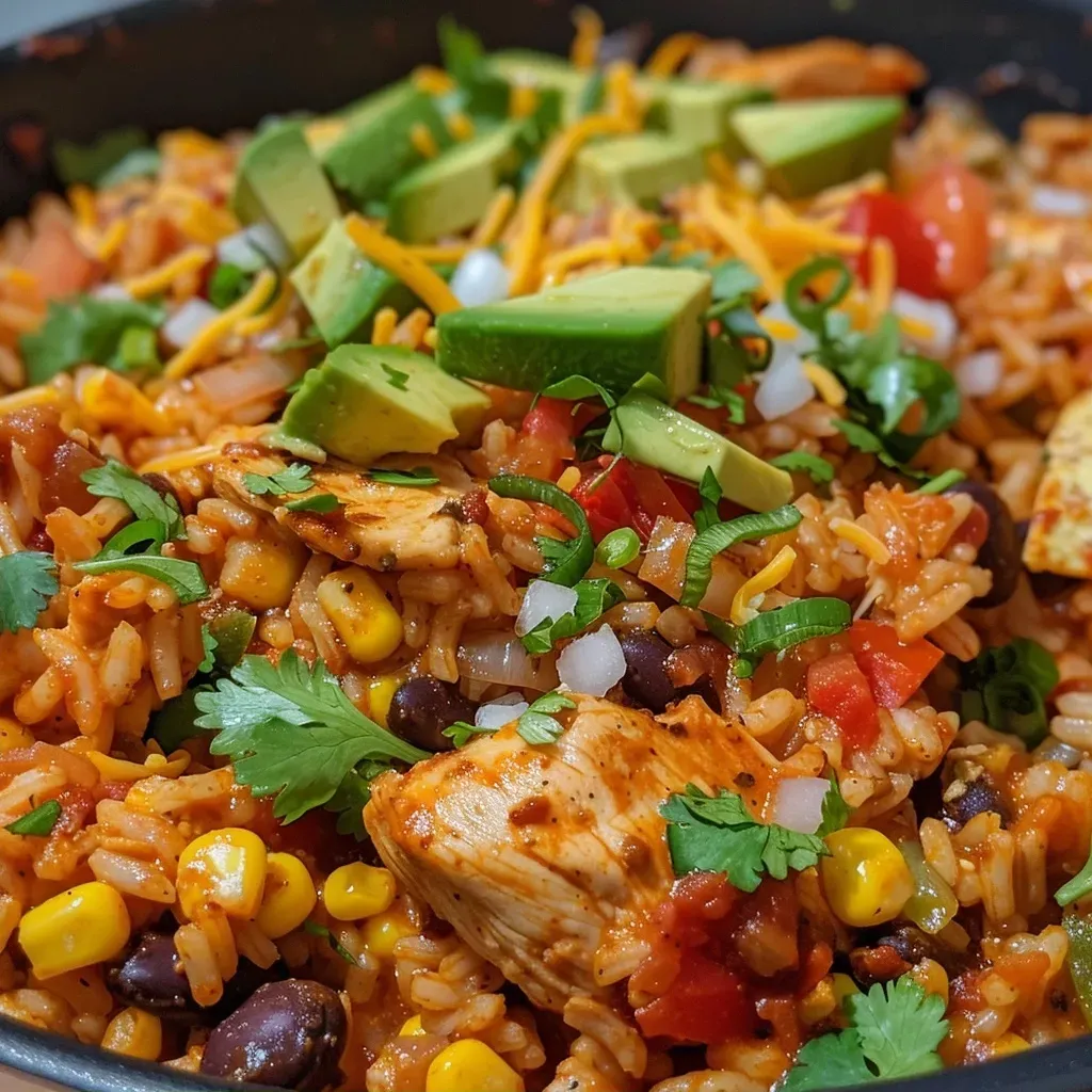 Close-up view of juicy Fiesta Chicken with colorful vegetables and cheese.