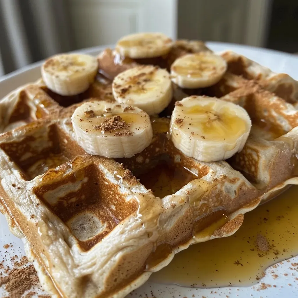 ['Close-up view of golden-brown Flourless Banana Oat Waffles topped with slices of banana and a sprinkle of cinnamon.', 'Side view of fluffy Flourless Banana Oat Waffles drizzled with syrup and garnished with fresh fruit.', 'Delicious Flourless Banana Oat Waffles stacked on a plate, featuring a textured surface and vibrant banana slices.', 'Moist Flourless Banana Oat Waffles displayed with a light dusting of cinnamon and almond milk on the side.']