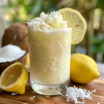 ['A close-up view of a glass filled with frozen coconut lemonade, showcasing a slushy texture and a lemon slice on the rim.', 'A side view of a refreshing frozen coconut lemonade drink, highlighting the creamy coconut texture and vibrant lemon color.', 'A glass of frozen coconut lemonade with ice crystals, garnished with a lemon wedge and a straw.', 'An appetizing close-up of frozen coconut lemonade, emphasizing its icy texture and bright yellow hue.']
