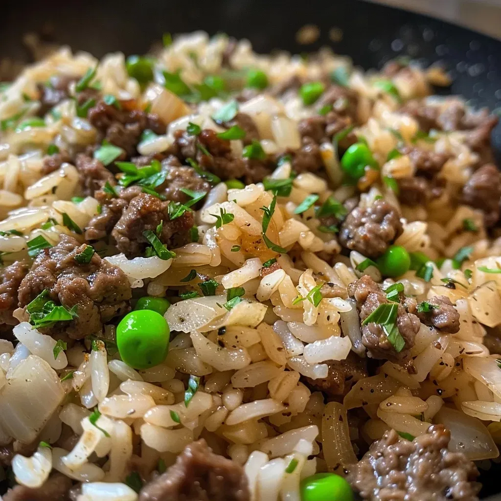 ['Close-up view of a Garlic Butter Beef Rice Skillet with visible rice, peas, and beef.', 'Juicy Garlic Butter Beef Rice Skillet featuring brown ground beef, white rice, and green peas.', 'Side view of a flavorful Garlic Butter Beef Rice Skillet garnished with parsley.', 'Close-up of a hearty meal, showcasing beef, rice, and garlic butter in a skillet.']