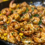 ['Close-up view of a skillet filled with garlic butter shrimp and corn.', 'Juicy shrimp and corn dish in a skillet, highlighted with garlic and butter.', 'A mouthwatering mixture of shrimp and corn in garlic butter, served in a skillet.', 'Side view of a fresh, colorful garlic butter shrimp and corn skillet meal.']