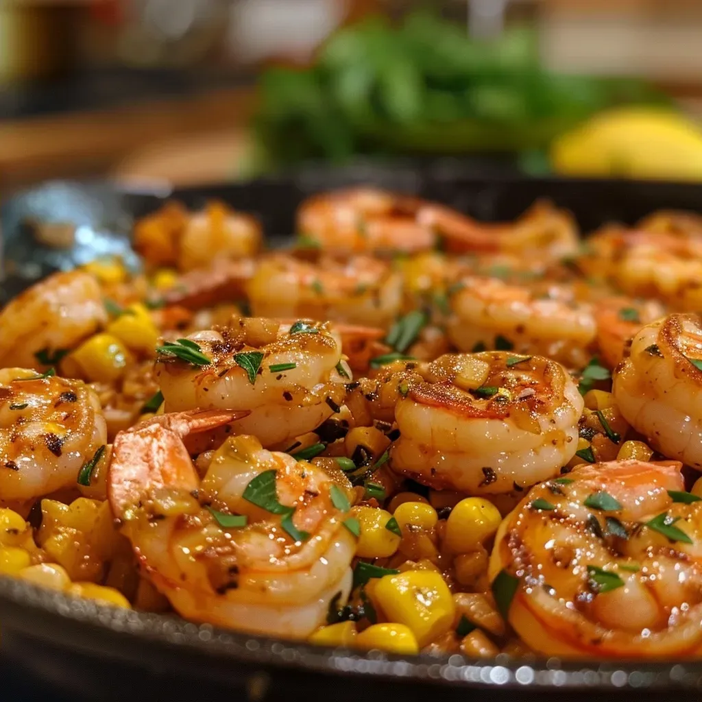 ['Close-up view of a skillet filled with garlic butter shrimp and corn.', 'Juicy shrimp and corn dish in a skillet, highlighted with garlic and butter.', 'A mouthwatering mixture of shrimp and corn in garlic butter, served in a skillet.', 'Side view of a fresh, colorful garlic butter shrimp and corn skillet meal.']