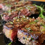 ['Close-up view of juicy garlic butter steak bites on a plate.', 'Side view of delicious garlic butter steak bites garnished with herbs.', 'Tender steak bites glistening with garlic butter, served on a white dish.', 'Savory garlic butter steak bites arranged artistically with fresh herbs.']