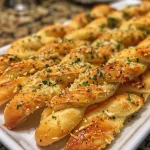 ['Close-up of golden-brown garlic Parmesan bread twists arranged appetizingly.', 'Juicy garlic Parmesan bread twists with a crispy crust, viewed from the side.', 'A side view of freshly baked bread twists sprinkled with Parmesan and herbs.', 'Warm, flaky garlic Parmesan bread twists displayed in an inviting manner.']