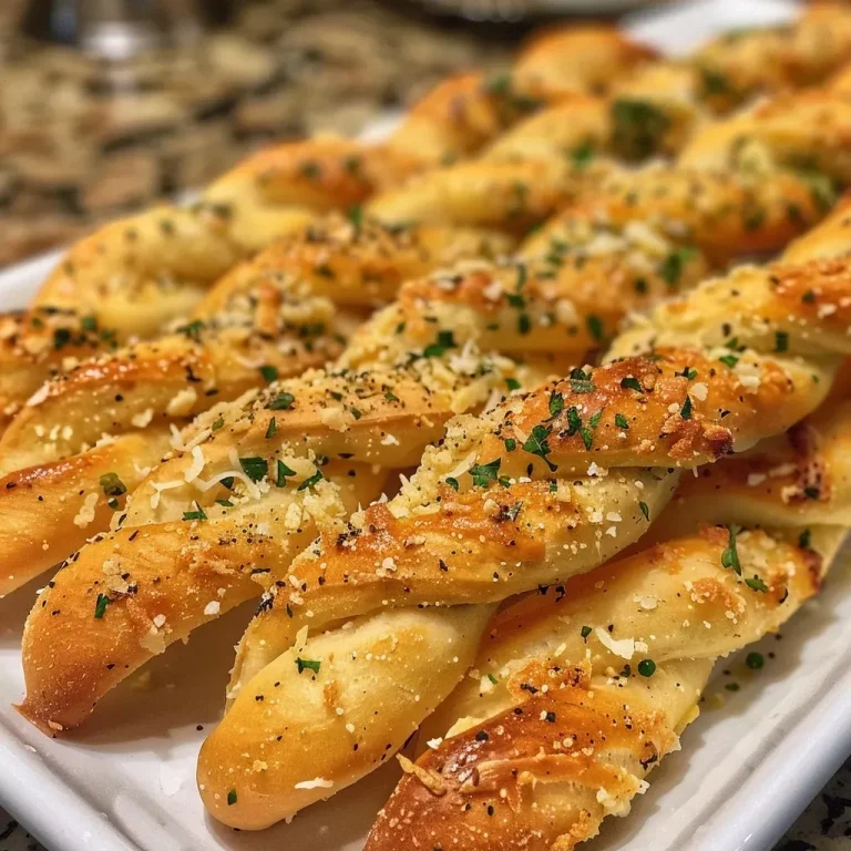 ['Close-up of golden-brown garlic Parmesan bread twists arranged appetizingly.', 'Juicy garlic Parmesan bread twists with a crispy crust, viewed from the side.', 'A side view of freshly baked bread twists sprinkled with Parmesan and herbs.', 'Warm, flaky garlic Parmesan bread twists displayed in an inviting manner.']